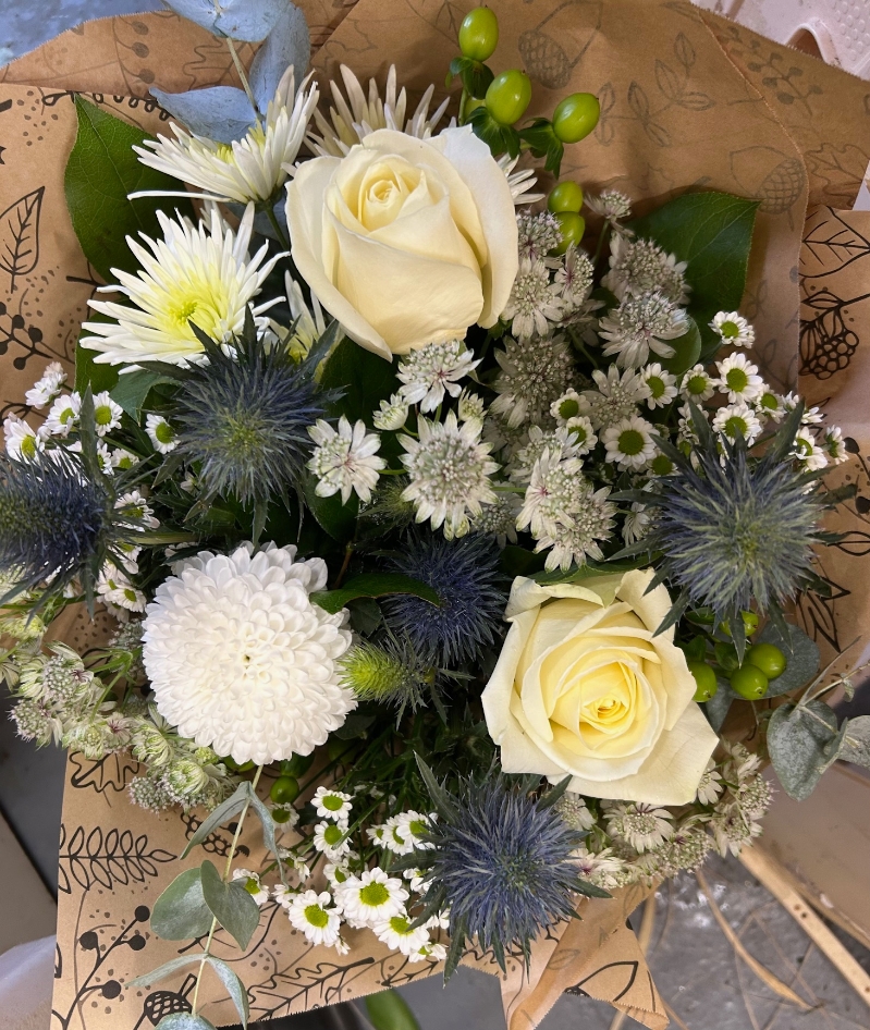 White Rose & Thistle Handtied in Brown Wrap