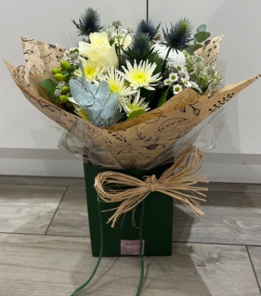 White Rose & Thistle Handtied in Brown Wrap